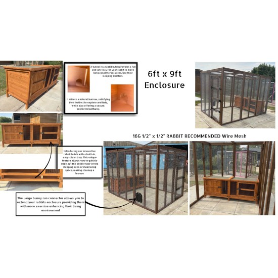 6ft x 9ft Bunnio with 1 Tier 6ft Rabbit Hutch Included 16G 1/2" x 1/2" wire mesh