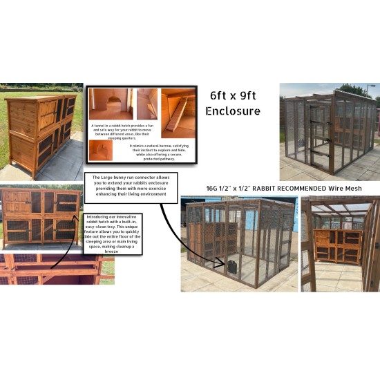 6ft x 9ft Bunnio with 2 Tier 6ft Rabbit Hutch Included 16G 1/2" x 1/2" wire mesh