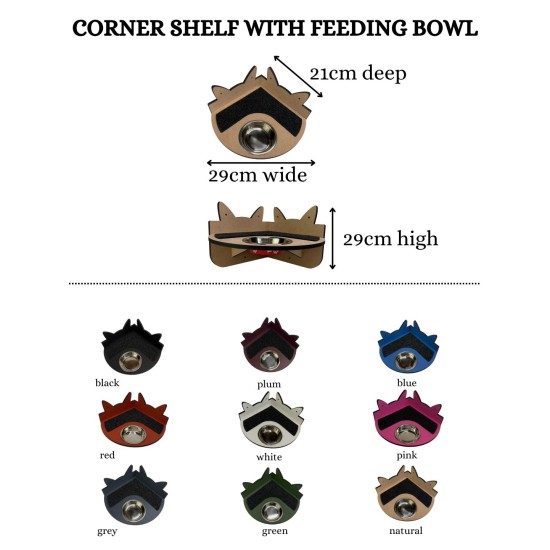 Hand Painted and Natural Indoor Cat Corner Shelf with feeding bowl