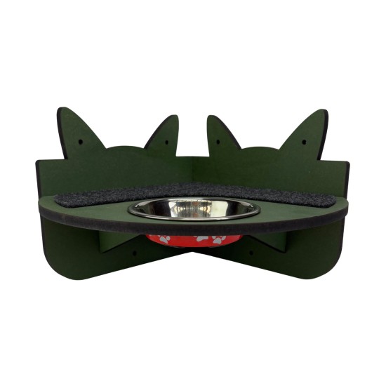 Hand Painted and Natural Indoor Cat Corner Shelf with feeding bowl