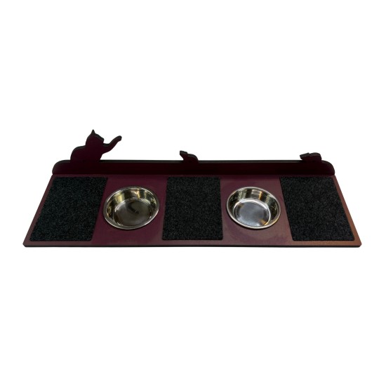 Hand Painted and Natural Indoor Cat Large Shelf with 2 feeding bowls