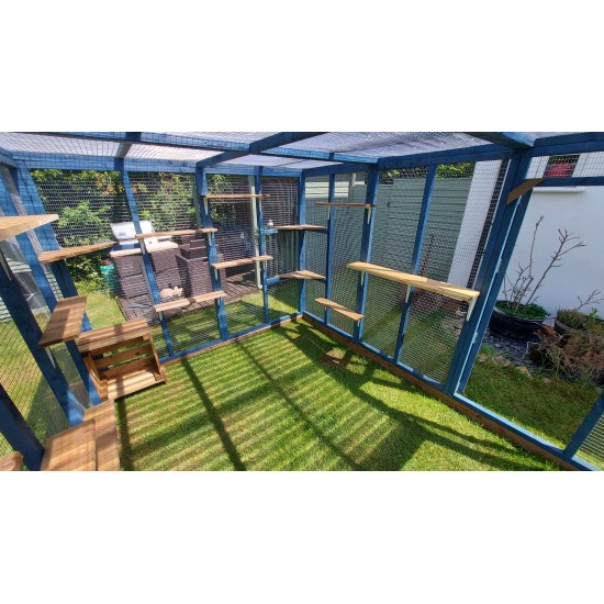 Waterproof Four-Sided Catio cat enclosure painted blue. 
