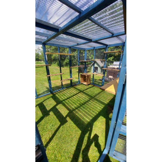 Waterproof Four-Sided Catio cat enclosure painted blue. 