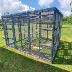 Waterproof Four-Sided Catio cat enclosure painted blue. 